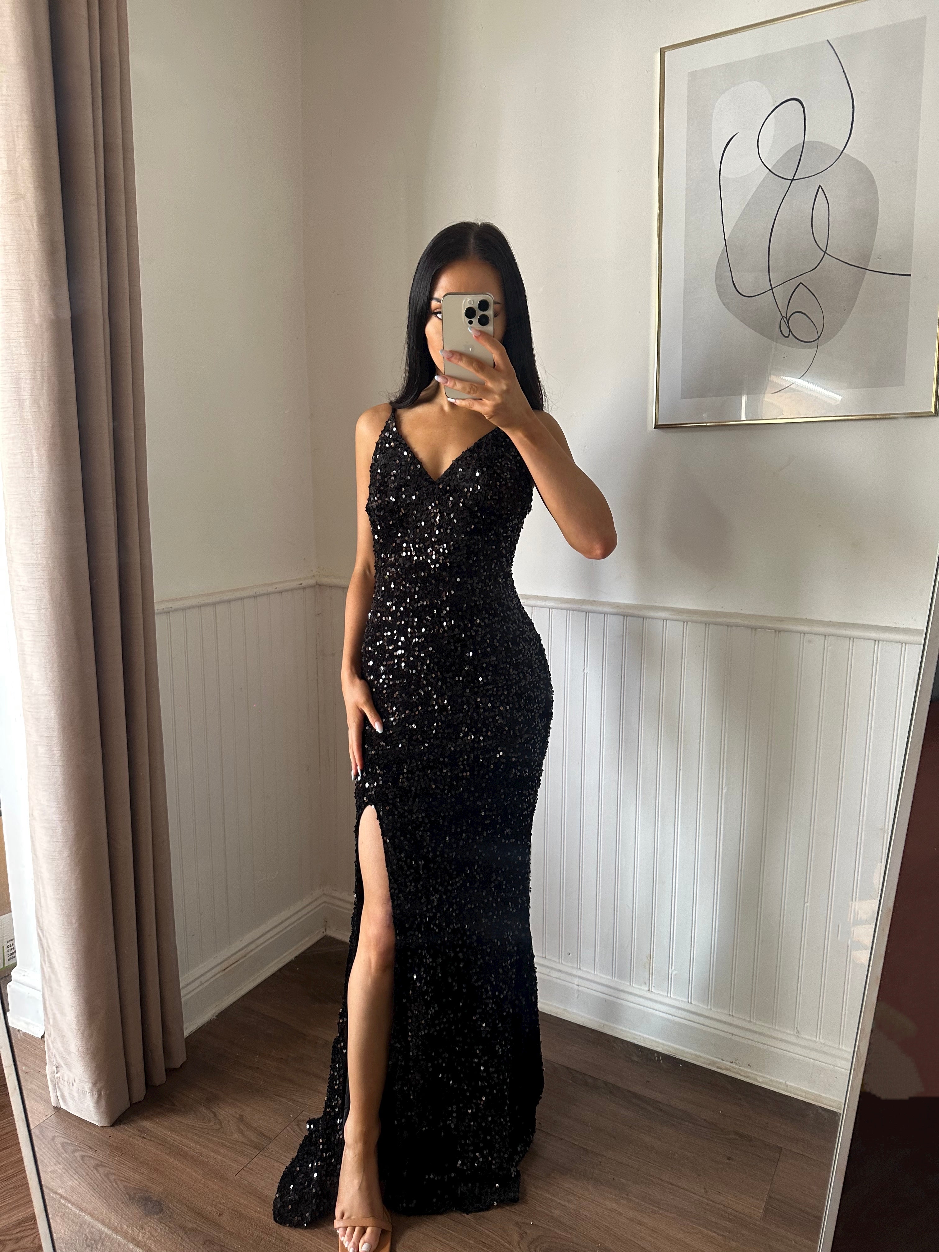 Sequin Elegant High Slit Black Dress – La Boutique Dacula